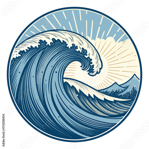 A circular illustration depicts a powerful ocean wave and distant mountains under a stylized sun.