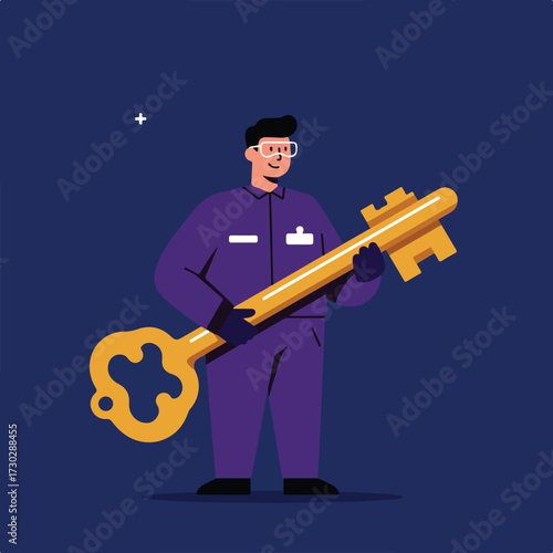 Man in purple uniform holds a large golden key against a dark blue background