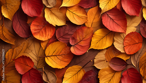 Wallpaper Mural A rustic stock background where the entire surface is covered with dried autumn leaves in shades of red, orange, yellow, and brown. The leaves overlap naturally, creating a textured, earthy pattern. S Torontodigital.ca
