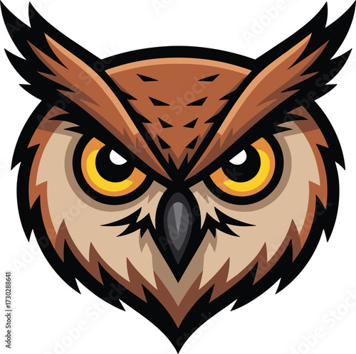Angry owl mascot logo design, fierce bird illustration with sharp eyes, wildlife animal vector, modern sports team symbol artwork