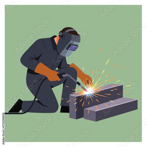 Welder in mask kneels, sparks flying, joining metal blocks on pale green
