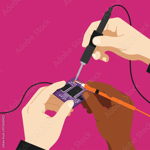 Soldering chip hands solder components to a purple circuit board over pink