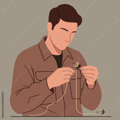 Flat vector art of a man tying a fishing fly with tan string and brown shirt