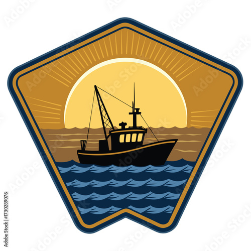 Fishing boat silhouetted against a setting sun and ocean waves.