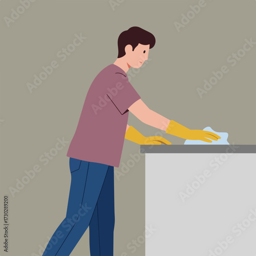 Cartoon person wiping counter with gloves and cloth against beige wall