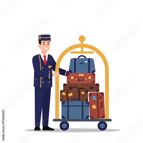 Hotel bellhop with luggage cart