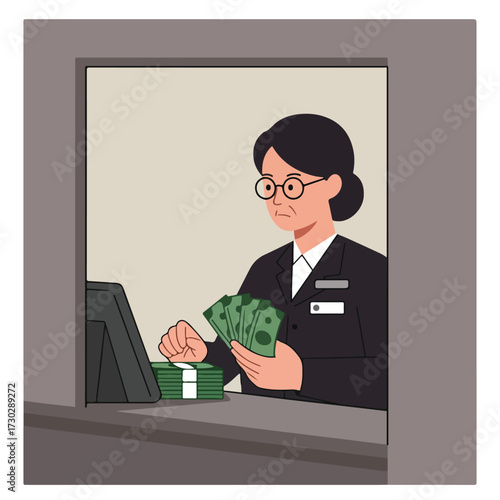 Illustration of a bank teller with glasses counting a stack of green cash