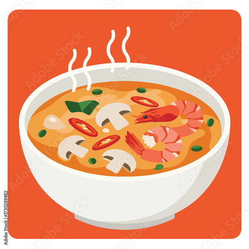 Steaming bowl of soup with shrimp, mushrooms, and chili peppers on orange