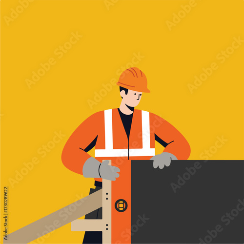 Construction worker in safety gear holding a panel against a gold backdrop