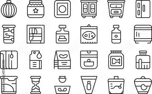 Kitchen storage and food packaging icons set with jars, bottles, containers, fridge, cabinets, household items, cooking vector design