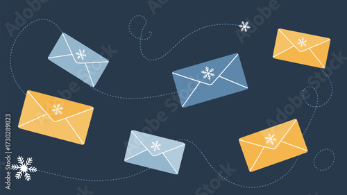Illustration of blue and yellow envelopes with snowflakes against a dark blue background with dotted lines