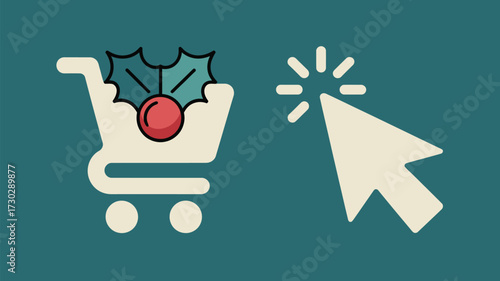 Shopping cart with holly berries and a mouse pointer on a teal background for online christmas shopping