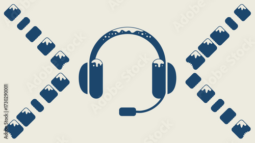 A blue headset with microphone surrounded by mountain icons on a light beige colored background design art