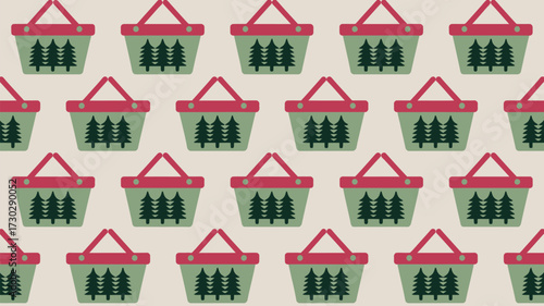 Pattern of green baskets with christmas trees and red handles on a light beige background repeat design