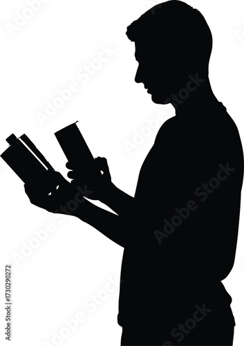 Silhouette of a man reading a book, the reader is engrossed in the story, the light illuminating the pages, creating a sense of knowledge isolated on white background