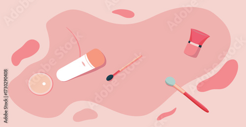 Flat lay makeup scene with eyeshadow palette and brushes