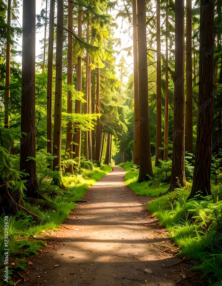 Fototapeta premium Sunlit path through a dense forest of tall trees, lush green undergrowth