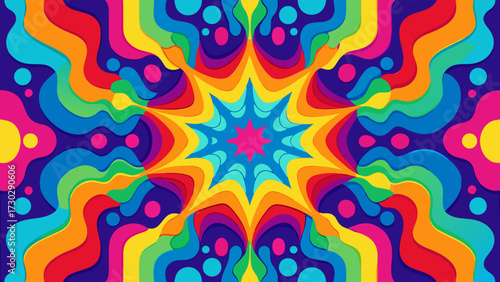 Psychedelic abstract pattern with colorful wavy lines and starburst shape in vivid rainbow tones
