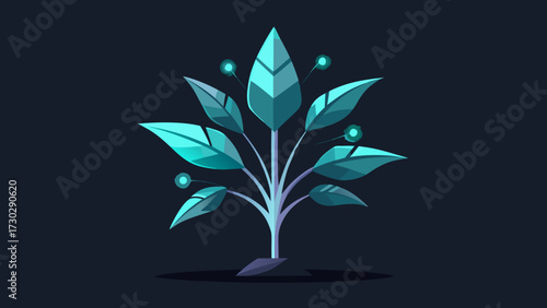 Futuristic plant with glowing leaves and branches in blue tones on a dark background