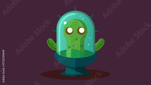 Cartoon cactus alien character inside a glass dome on a dark purple background
