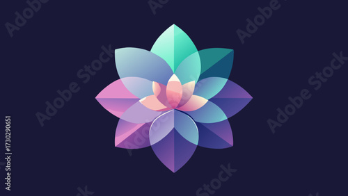 Colorful abstract flower with overlapping translucent petals in pastel tones on a dark background