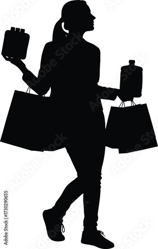 Silhouette of a woman walking with shopping bags and beauty products, the shopper is carrying her purchases, creating a sense of style isolated on white background