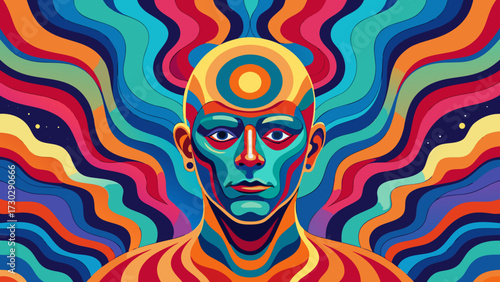 Psychedelic portrait of a human figure with vibrant colors and radiating wavy patterns