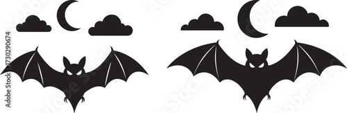 Two halloween bat silhouettes flying under a crescent moon