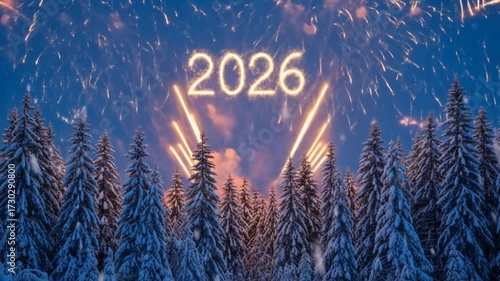 New Year Celebration with Fireworks Lighting Up the Night Sky Over a Snowy Forest in 2026