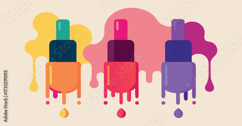 Collection of colorful nail polish bottles with spilled drops