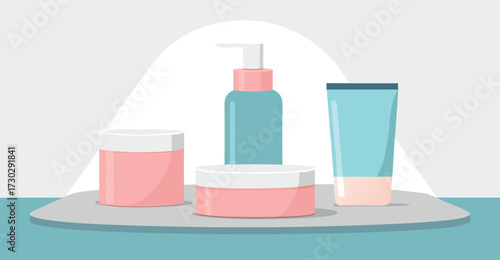 Realistic skincare cream jars and lotion bottles vector illustration