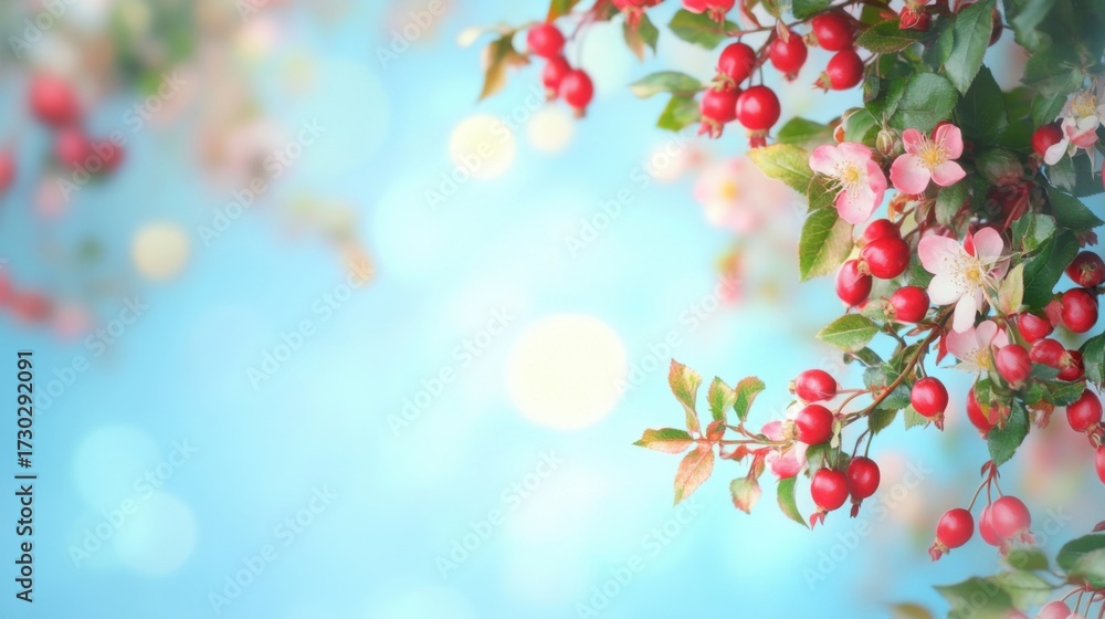 Fototapeta premium Delicate apple blossoms and vibrant red crabapples against a dreamy azure backdrop