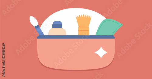 Open cosmetic pouch with skincare products