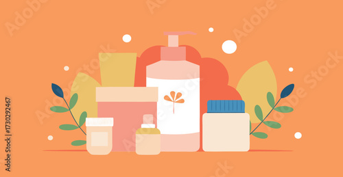 Cosmetic cream jars and botanical elements background