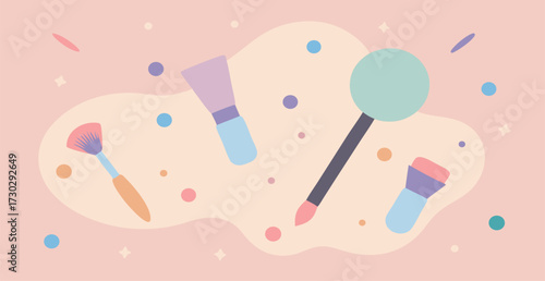 Soft pastel background with scattered makeup brushes