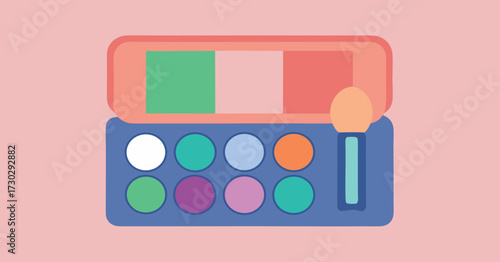 Open eyeshadow palette with colorful makeup background