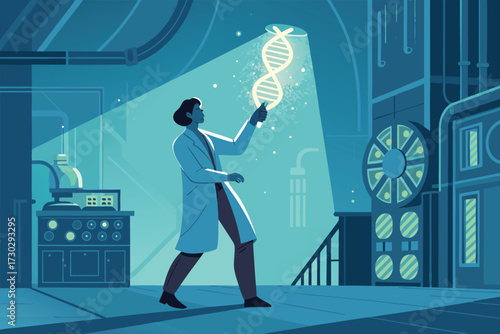 Scientist examining a glowing DNA helix in a futuristic laboratory.