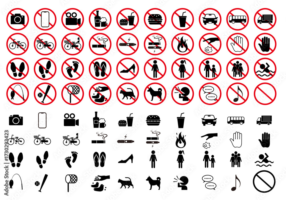 Naklejka premium 様々なシーンで使える禁止マーク付きのアイコンバラエティ 禁止マークなしもセットで
