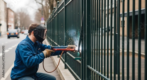 Welder Repairing a Metal Fence on a City Street.
