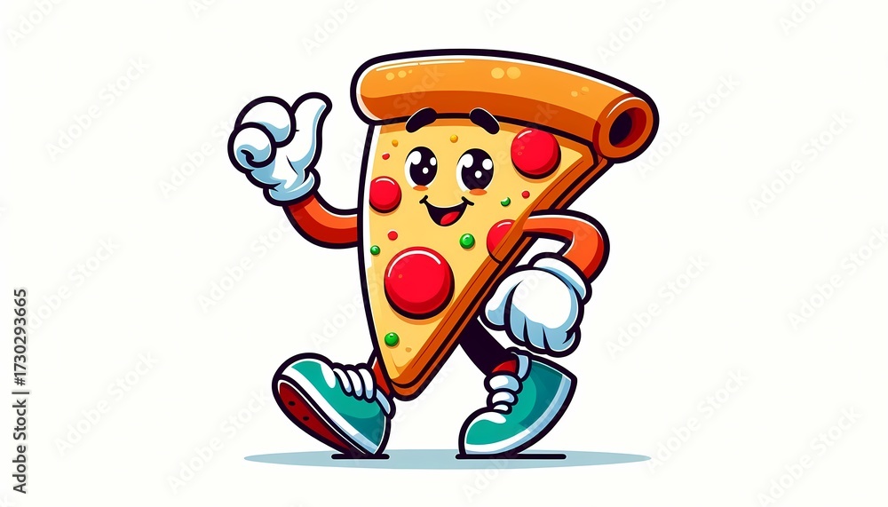 Naklejka premium Whimsical Pizza Slice Character Walking with a Smile and Giving a Thumbs Up Gesture