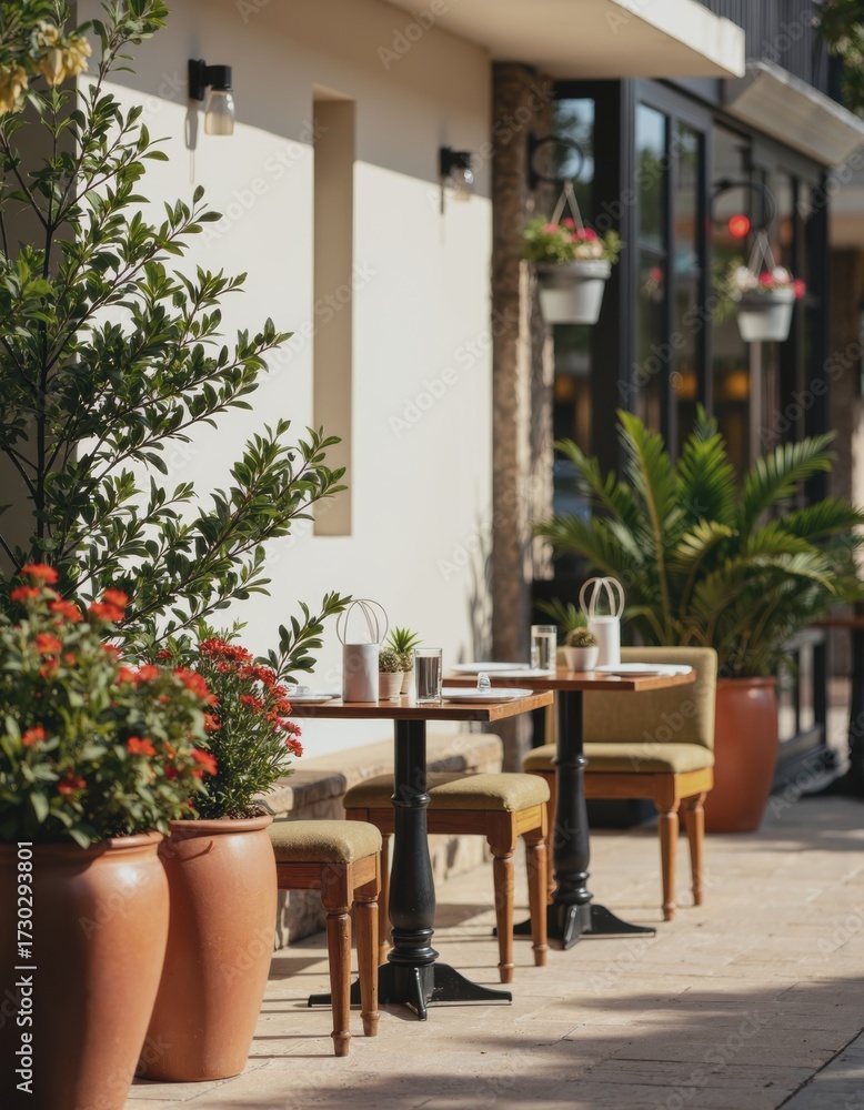 Fototapeta premium Outdoor dining area in a hospitality complex with inviting seating and greenery
