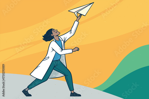 A person in a lab coat throws a paper airplane forward.