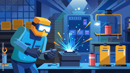 Illustration of a welder working in a factory setting
