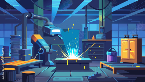 Illustration of a welding scene in a factory setting