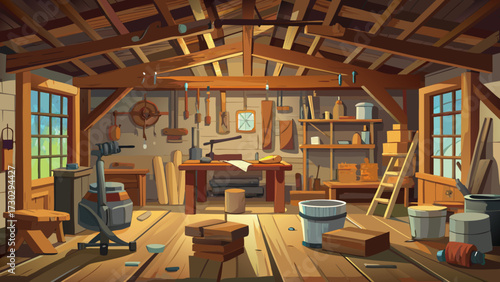 Cartoon workshop interior with tools and wooden planks