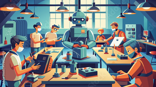 People and a robot working together in a workshop