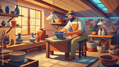 Man working on a pottery wheel in a workshop setting