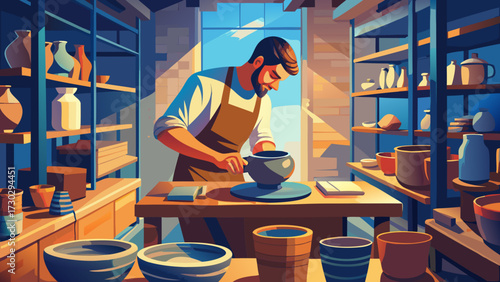 Man shaping clay on a pottery wheel in a workshop area