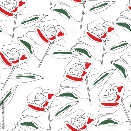 Seamless pattern with outlined draw of a rose in minimalist style