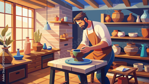 Man shaping clay on a pottery wheel in a workshop area